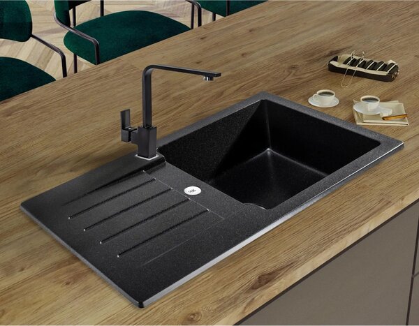 Sink Quality Natalie, kuchynský granitový drez 770x450x170 mm + chrómový sifón, čierna škvrnitá-BROCADE, SKQ-NAT.B.1KDO.X