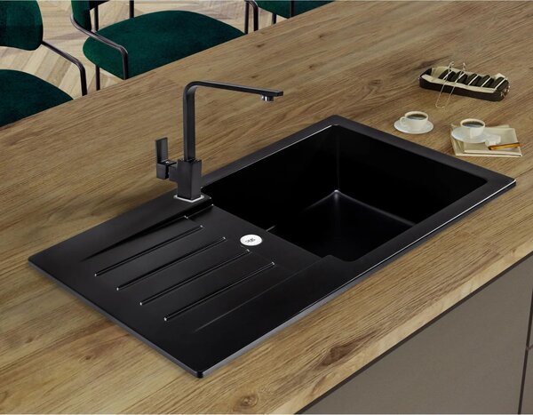 Sink Quality Natalie, kuchynský granitový drez 770x450x170 mm + chrómový sifón, čierna škvrnitá-BROCADE, SKQ-NAT.B.1KDO.X