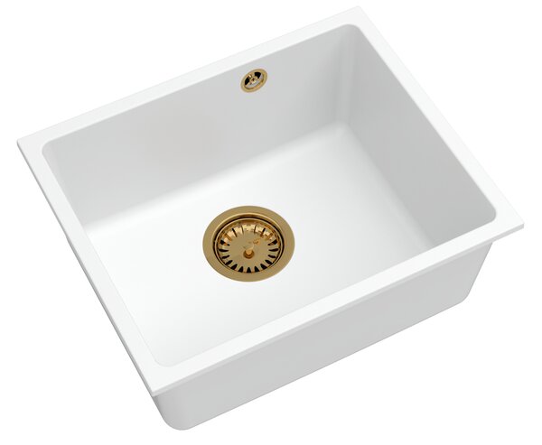 Sink Quality Crypton 55, kuchynský granitový drez 460x375x205 mm + zlatý sifón, biela, SKQ-CRY.W.1KBO.55.XG