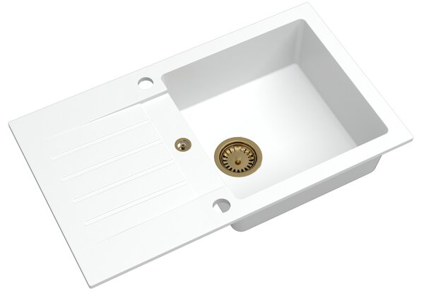 Sink Quality Natalie, kuchynský granitový drez 770x450x170 mm + zlatý sifón, biela, SKQ-NAT.W.1KDO.XG
