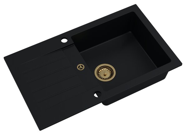 Sink Quality Natalie, kuchynský granitový drez 770x450x170 mm + zlatý sifón, čierna, SKQ-NAT.C.1KDO.XG