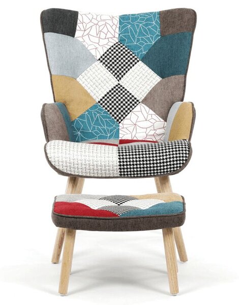 Relaxačné kreslo ušiak s taburetom, viacfarebné patchwork, látka (a-305B patchwork)