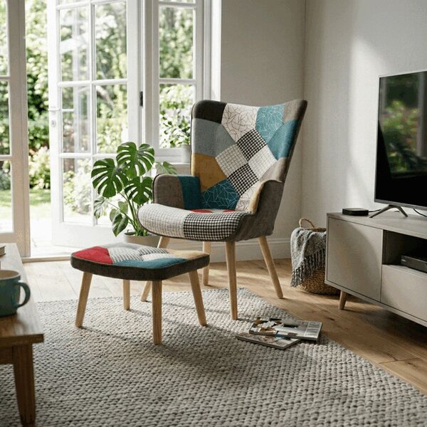 Relaxačné kreslo ušiak s taburetom, viacfarebné patchwork, látka (a-305B patchwork)