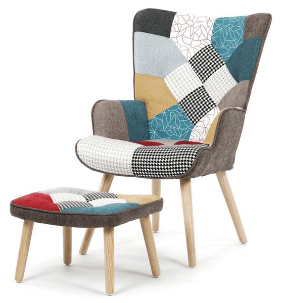 Relaxačné kreslo ušiak s taburetom, viacfarebné patchwork, látka (a-305B patchwork)