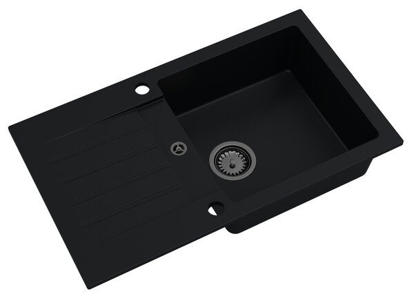 Sink Quality Natalie, kuchynský granitový drez 770x450x170 mm + čierny sifón, čierna, SKQ-NAT.C.1KDO.XB