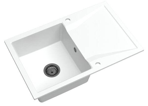 Sink Quality Obsidian, kuchynský granitový drez 790x500x210 mm + čierny sifón, biela, SKQ-OBS.W.1KDO.XB