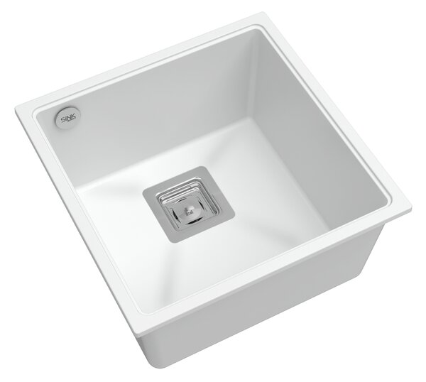 Sink Quality Argon 50, kuchynský granitový drez 420x420x225 mm + chrómový sifón, biela, SKQ-ARG.W.1KBO.50.X