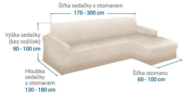 Bielastické poťahy CRISTINA smotanová sedačka s otomanom vpravo (š. 170 - 300 cm)