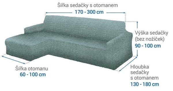 Bielastické poťahy CRISTINA mätová sedačka s otomanom vľavo (š. 170 - 300 cm)