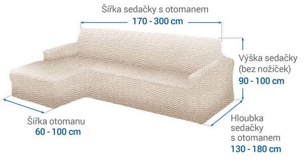 Bielastické poťahy CRISTINA smotanová sedačka s otomanom vľavo (š. 170 - 300 cm)