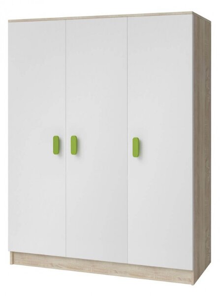 Trojdverová šatníková skriňa do detskej izby Sven, biela + dub sonoma, úchytky - šírka 120 cm, zelená