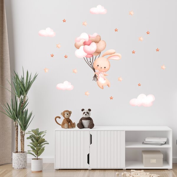 50x60cm Zajačik s balónmi - ružová - textilná nálepka na stenu