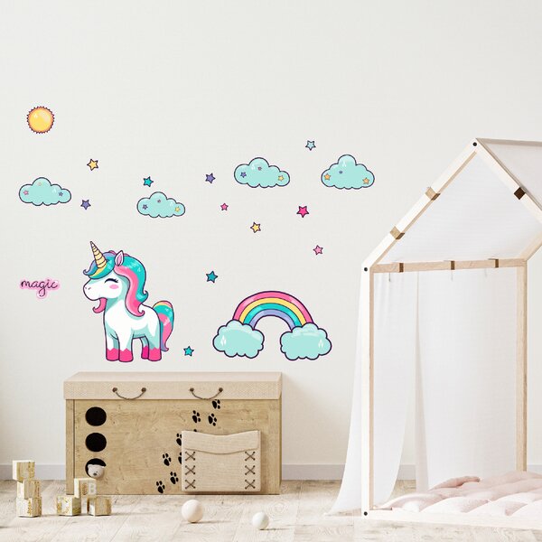 60x70cm Jednorožec s obláčikmi - textilná nálepka na stenu
