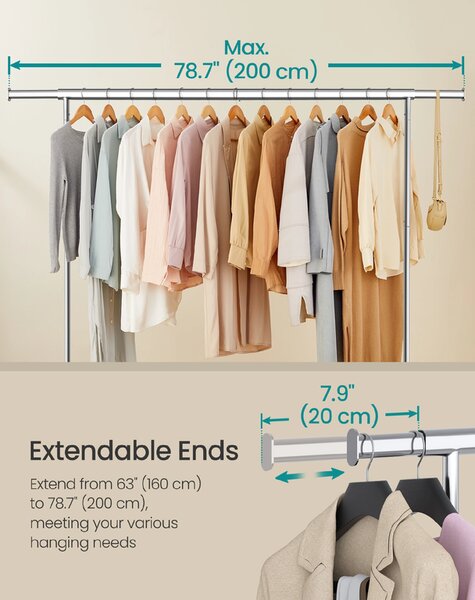 SONGMICS Pohyblivý vešiak na odevy s výsuvnou závesnou lištou, nosnosť 110 kg, 160–200 x 163 x 45 cm, strieborná