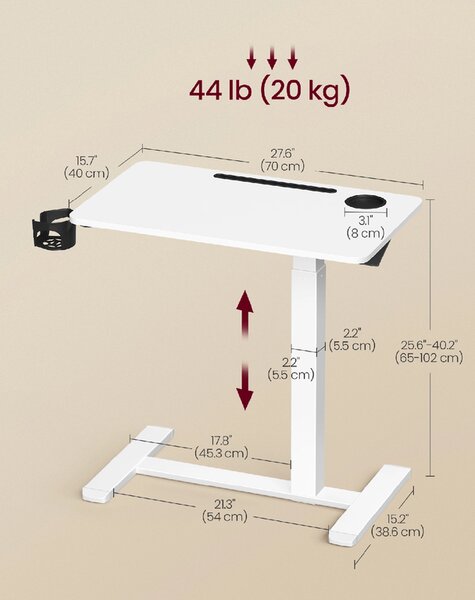 VASAGLE Odkladací pojazdný stolík s nastaviteľnou výškou 70 x 65–102 x 40 cm biela