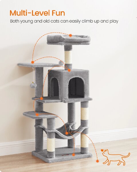 FEANDREA Škrabadlo pre mačky domček s hojdacou sieťou a hračkami 112 cm svetlošedé 