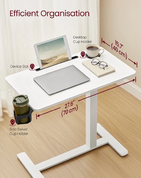 VASAGLE Odkladací pojazdný stolík s nastaviteľnou výškou 70 x 65–102 x 40 cm biela