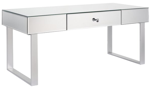 Konferenčný stolík so zásuvkou strieborný zrkadlový 110 x 47 cm kryštálové rukoväte glamour dizajn