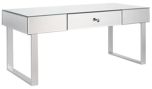 Konferenčný stolík strieborný sklo kov MDF zrkadlový efekt 110 x 47 cm 1 zásuvka úložný priestor glamour štýl obývačka