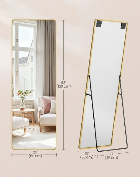 SONGMICS Stojanové zrkadlo so zlatým rámom obdĺžnik tvrdené sklo 160 x 50 cm zlatá