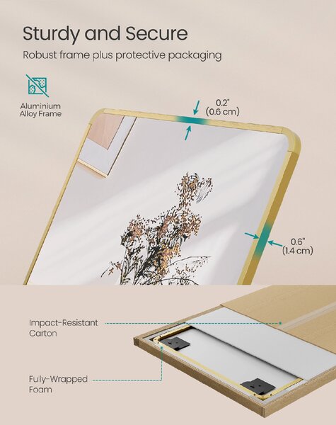 SONGMICS Stojanové zrkadlo so zlatým rámom obdĺžnik tvrdené sklo 160 x 50 cm zlatá
