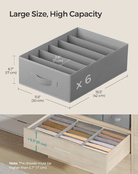 SONGMICS Organizér do zásuvky, 4 ks, 6 priehradiek, 42 x 30 x 17 cm, sivý