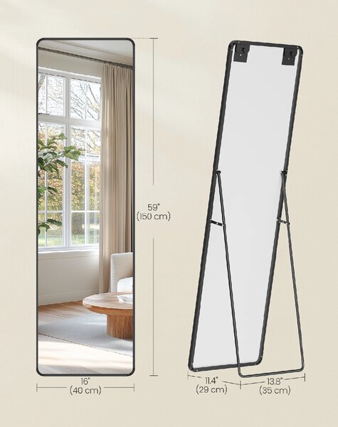 SONGMICS Stojanové zrkadlo s čiernym rámom obdĺžnik 150 x 40 cm čierna