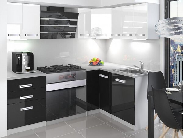 Rohová kuchyňa 150 x 150 cm bielo čierna lesklá Mona s LED osvětlením