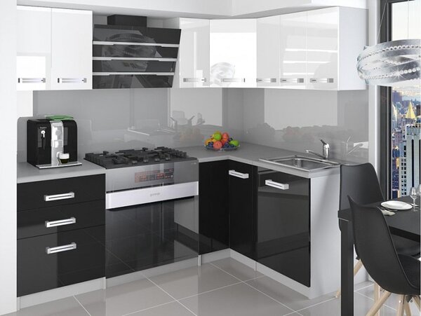 Rohová kuchyňa 150 x 150 cm bielo čierna lesklá Mona bez LED osvětlení