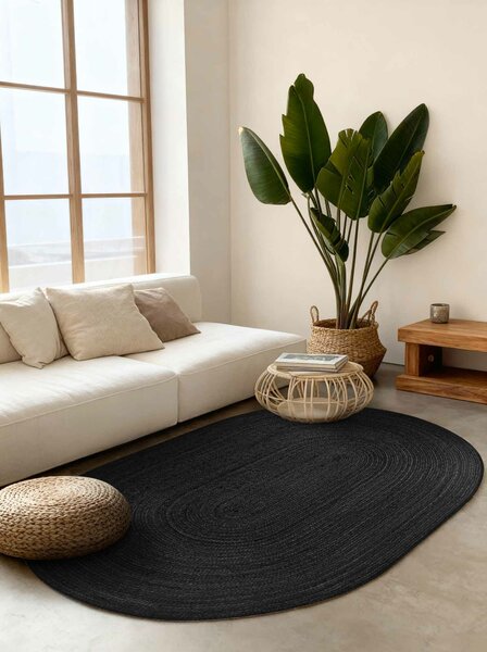 Hanse Home, Kusový koberec Jute Braided 106322 Black ovál, 160x230 ovál, čierna, chodba / predsieň