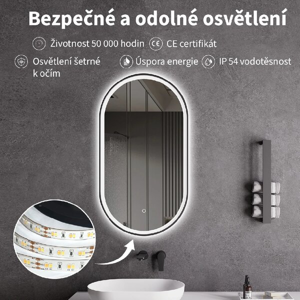 CERANO - Kúpeľňové LED zrkadlo Alto, kovový rám - čierna matná - 40x60 cm