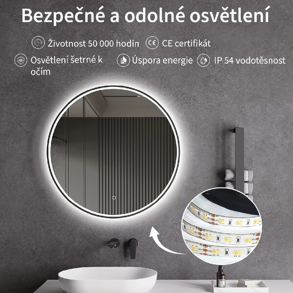 CERANO - Kúpeľňové LED zrkadlo Vito, kovový rám - čierna matná - Ø 60 cm