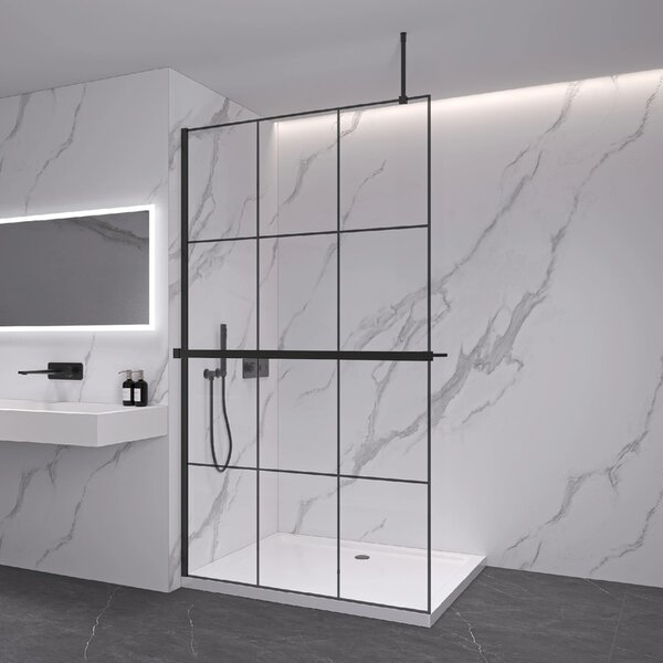CERANO - Sprchová zástena Walk-in Onyx Top Round Ľ/P - 8 mm - guľatá vzpera + polička/držiak na uteráky - čierna matná, industriálne sklo - 90x200 cm