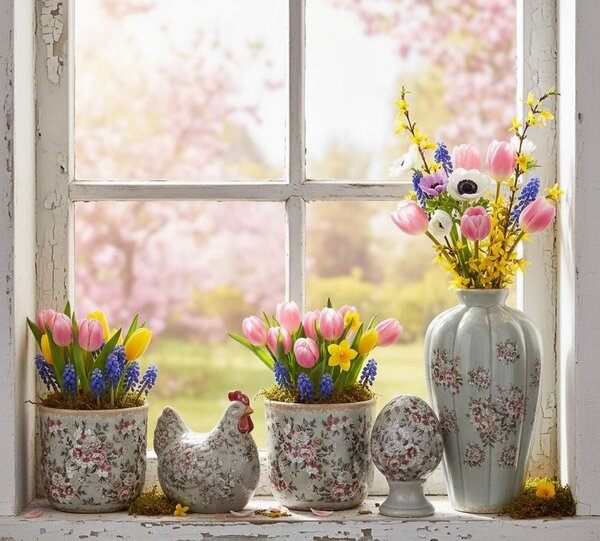 Zelené keramické vajíčko s kvetmi Floria S - Ø 9*14 cm - Clayre & Eef