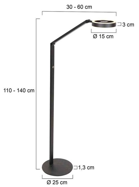 LED stojacia lampa Ringlux, čierna, kovová, nastaviteľná, Čierna, Obývacia izba / jedáleň, kov, Moderný