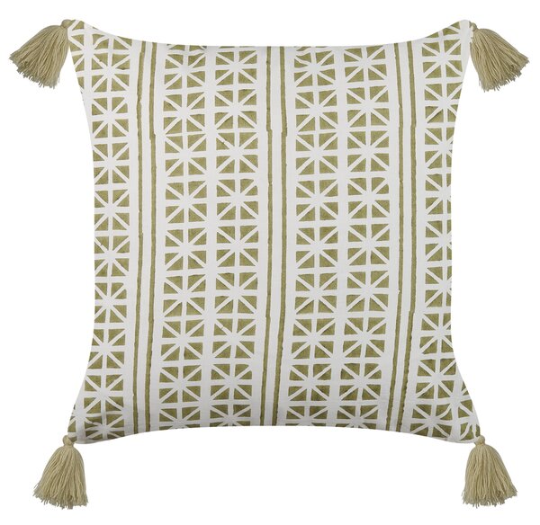 Sada 2 dekoratívnych vankúšov zelená biela bavlna 45 x 45 cm geometrický vzor bloková potlač so strapcami boho moderný štýl doplnky