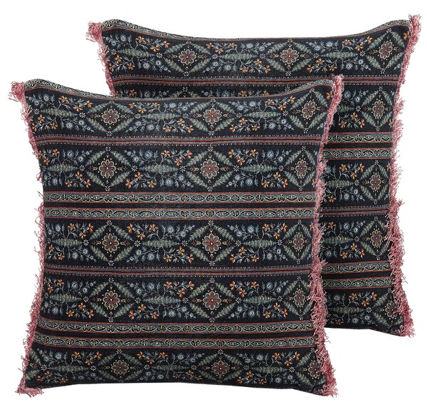 Sada 2 dekoratívnych vankúšov viacfarebná zamat bavlna 45 x 45 cm kvetovaný vzor so strapcami štvorcový tvar moderný glamour štýl doplnky