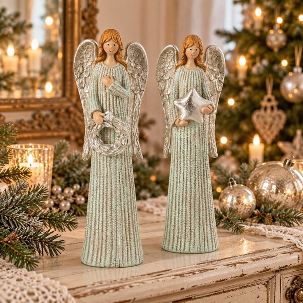 Sada 2ks strieborný anjel s trblietkami Angel Glitter – 7*5*24 cm - J-Line by Jolipa