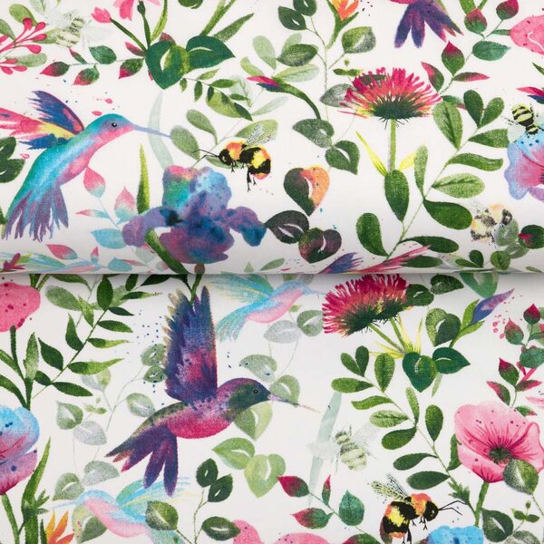 Bavlnená látka/plátno Sandra SA-495 Dúhové kolibríky medzi kvetmi - šírka 160 cm