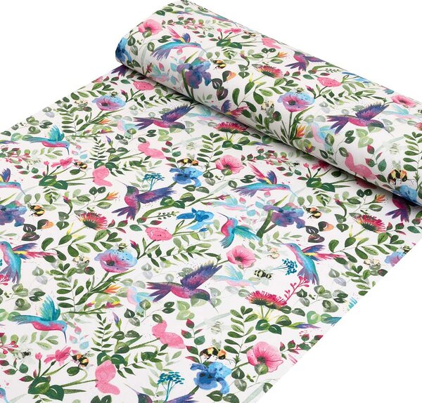 Bavlnená látka/plátno Sandra SA-495 Dúhové kolibríky medzi kvetmi - šírka 160 cm