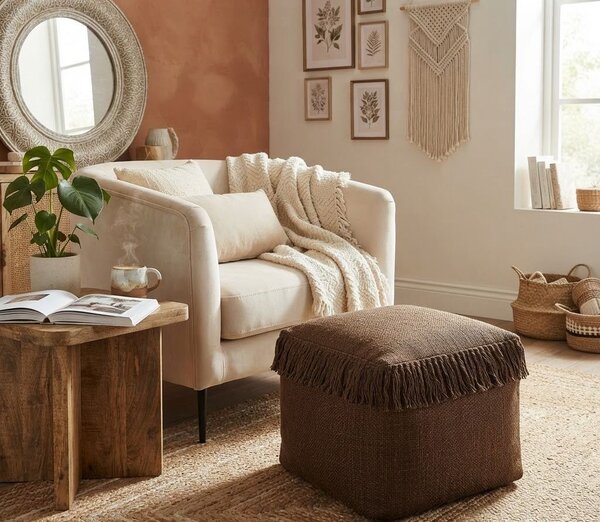 Hnedý tkaný štvorcový puf so strapcami Sirco - 60*60*35 cm - J-Line by Jolipa