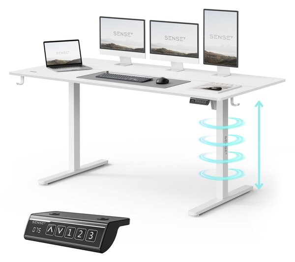 SENSE7 NOJO Light, výškovo nastaviteľný písací stôl, elektrický, s pamäťou, ergonomický, biela farba, rám stola, vhodný aj pre hranie