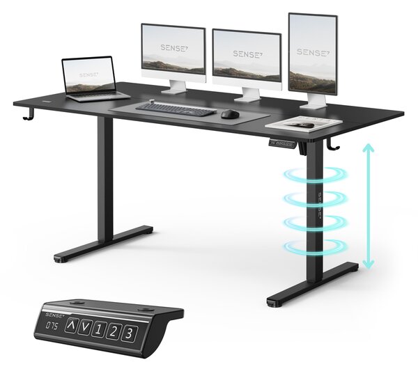 SENSE7 NOJO Light, výškovo nastaviteľný písací stôl, elektrický, s pamäťou, ergonomický, čierna farba, rám stola, vhodný pre hranie