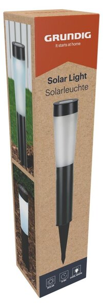 Solárne záhradné svietidlo Grundig – Solárne osvetlenie chodníkov pre záhradu – 2 LED svietidlá pre vytvorenie príjemnej atmosféry – Jednoduchá inštalácia pomocou zemnej tyče – Rozmer: Ø7,5 x 56 cm – Farba: čierna/biela