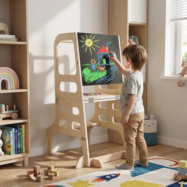 KONDELA Montessori učiaca veža 3v1 s tabuľou, prírodná, MAGAN