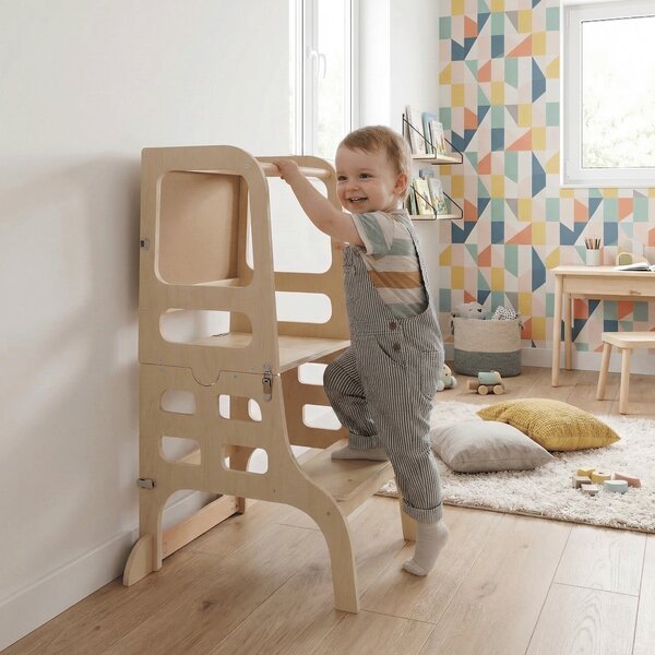 KONDELA Montessori učiaca veža 3v1 s tabuľou, prírodná, MAGAN