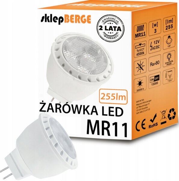 BERGE LED žiarovka - MR11 - 3W - 12V - 255Lm - neutrálna biela