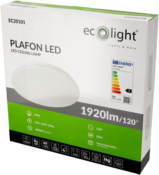 ECOLIGHT LED stropné svietidlo na povrchovú montáž 24W 1920lm IP44 vodeodolné do kúpeľne