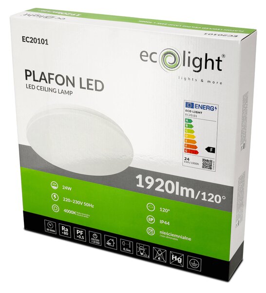 ECOLIGHT LED stropné svietidlo na povrchovú montáž 24W 1920lm IP44 vodeodolné do kúpeľne