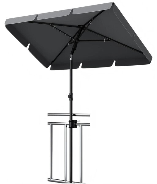 Balkónový slnečník – obdĺžnikový 200 x 125 cm – ochrana UV50+ – naklápací a výškovo nastaviteľný – železná tyč – s držiakom a taškou na prenášanie – sivý